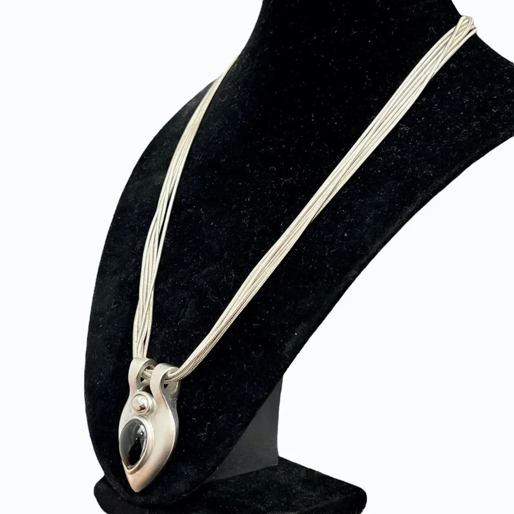 VINTAGE 6 CHAIN SILVER TONE NECKLACE WITH TEARDROP PENDANT WITH BLACK STONE